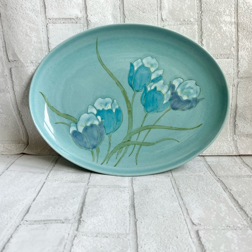VTG Metlox Vernon Ware Tulip Time Oval Platter MCM Blue Turquoise 13" California